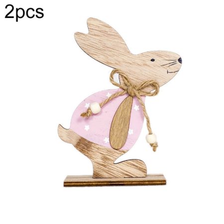 2 PCS Creative Easter Home Wooden Rabbit Decorative Ornaments, Powdered Flower, White Fower, White Spotted