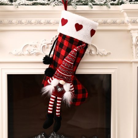 Hanging Feet Faceless Doll Christmas Socks Christmas Decoration Gift Bag, Red And Black Grid, Black And White Grid