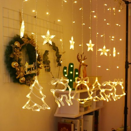 LED Curtain Lights Christmas Decoration Bell And Deer String Lights, 220V EU Plug, USB & Battery Box, Battery Box with RC
