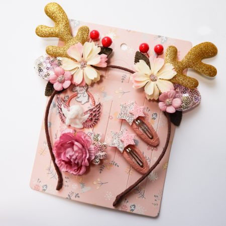 Christmas Hair Accessories Antlers Headband And Little Angel Hairpin Hair Band Combination Set, Pink, Grey