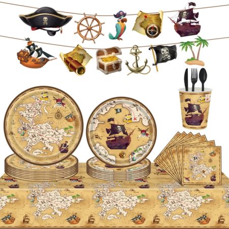 Pirate Treasure Hunt Themed Disposable Tablecloth Paper Plate Party Supplies Set, Pirate Treasure Hunt Themed