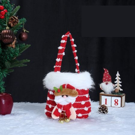Knitted Velvet Gift Bag For Christmas Presents With Handle And 3D Doll Decoration, Old Man, Snowman, Elk, Bear