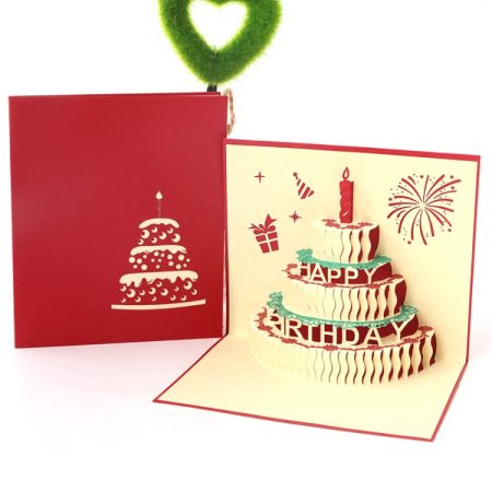 2 PCS 3D Three-Dimensional Cake Birthday Card Children Handmade Gift Small Card, Red Cover, Golden Cover