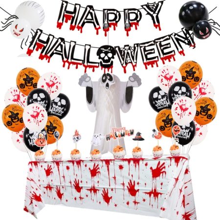 Halloween Balloon Set Blood Color Banner Three-Dimensional Ghost Party Decoration, Blood Deskcloth Set, Pumpkin Tablecloth set, Honeycomb Ball 1, Honeycomb Ball 2