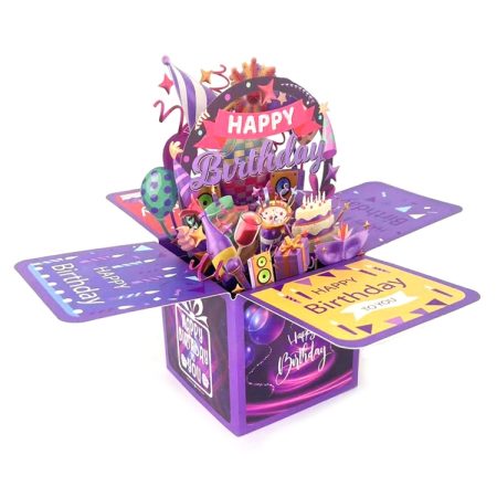 Colorful 3D Three-dimensional Handmade Hollow Paper Carving Birthday Card, Purple, Pink, Blue