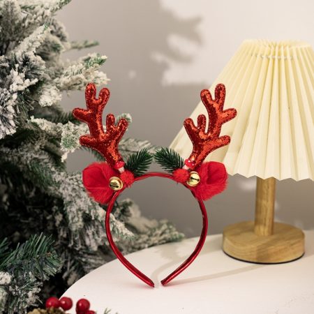 Bell Antler Headdress Christmas Ball Party Decoration Headband, Red, Gold