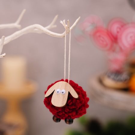 Christmas Tree Wooden Lambskin Lamb Pendant Holiday Decorations, Red, Pink, White, Brown, Blue